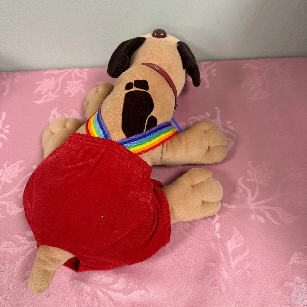 Vintage 1985 Tonka Pound Puppies Tan Plush Dog Red Rainbow Overalls 17 inch